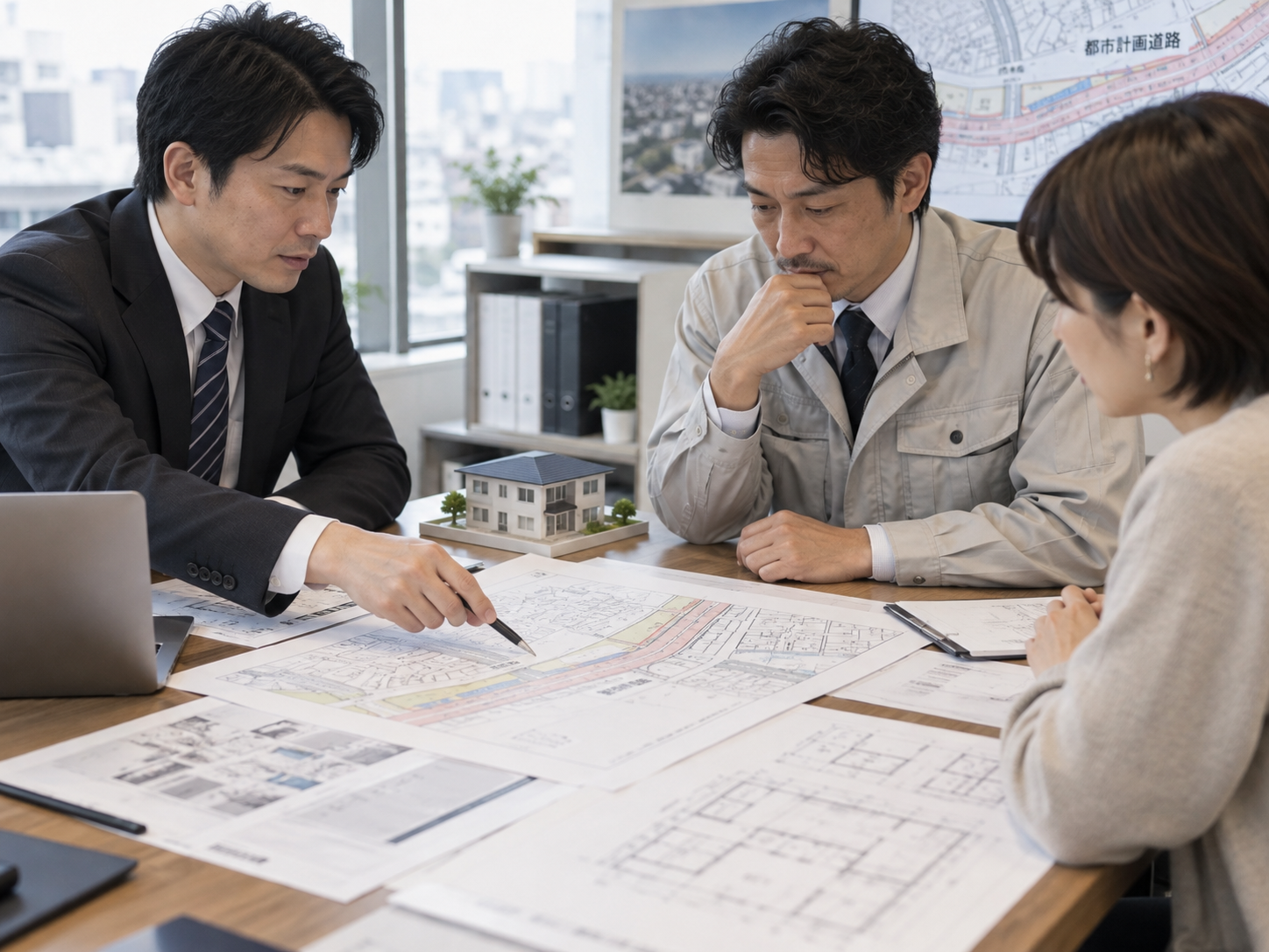 都市計画道路の計画段階と事業化後で建築手続きが変わることを確認するイメージ