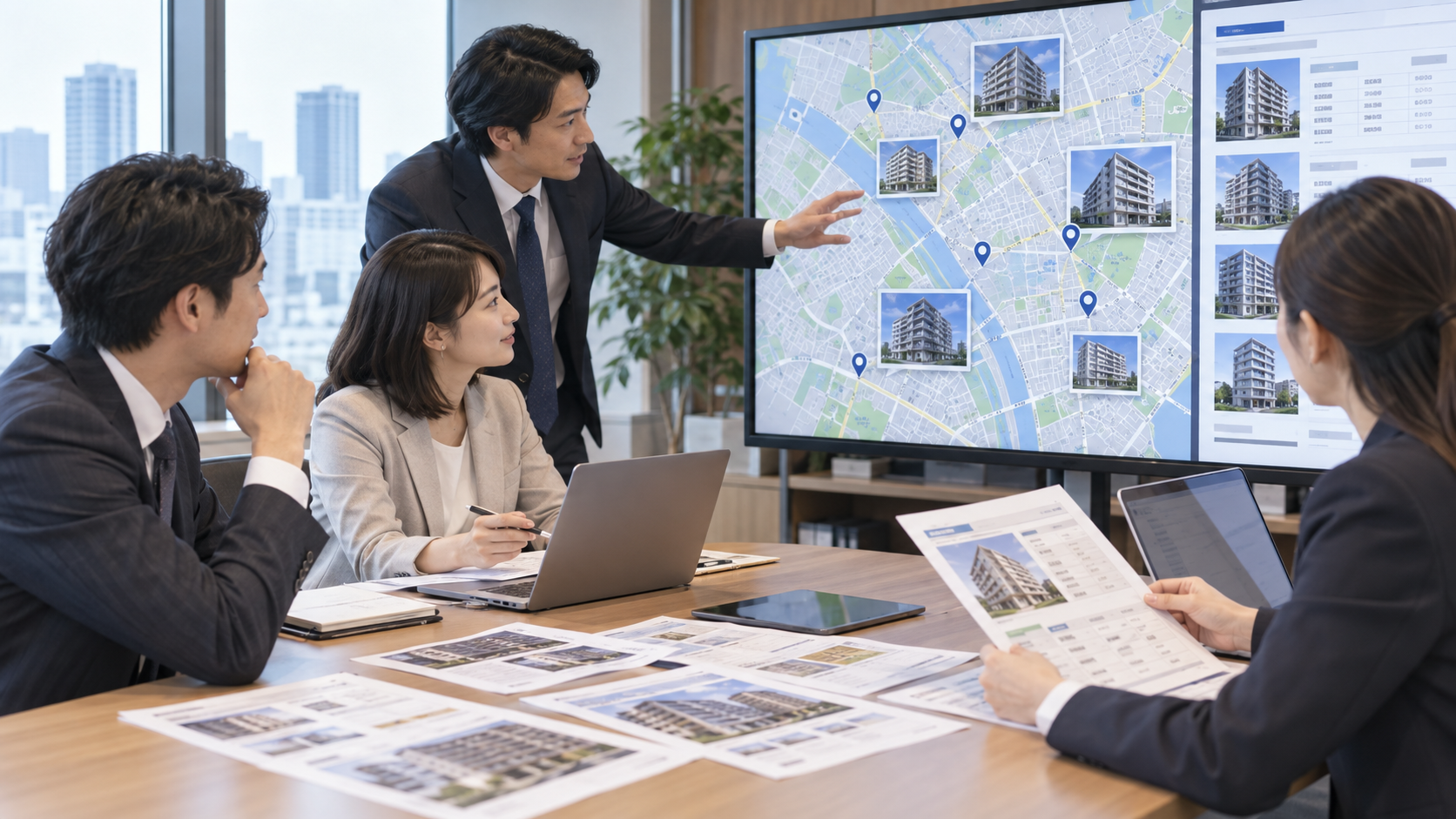賃貸管理会社が地図と不動産データからアパート・マンションの営業候補を探すイメージ