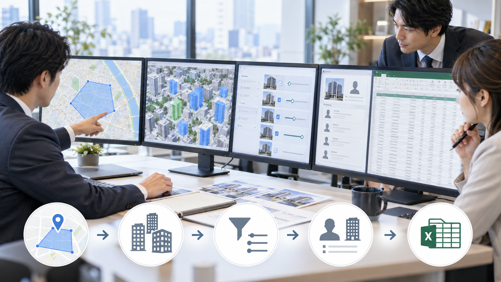 賃貸管理会社が物件情報と所有者情報を整理しオーナー営業リストを作成するイメージ