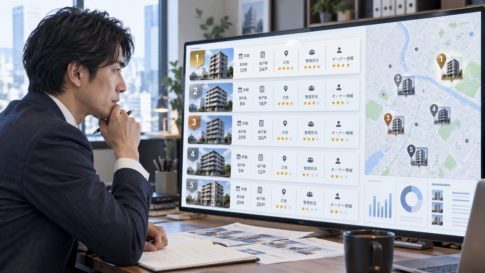 賃貸管理会社が築年数や物件規模などから新規オーナー営業の優先順位を検討するイメージ