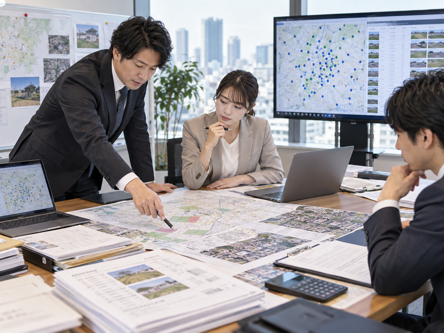 土地所有者調査の結果を営業チームで確認するイメージ