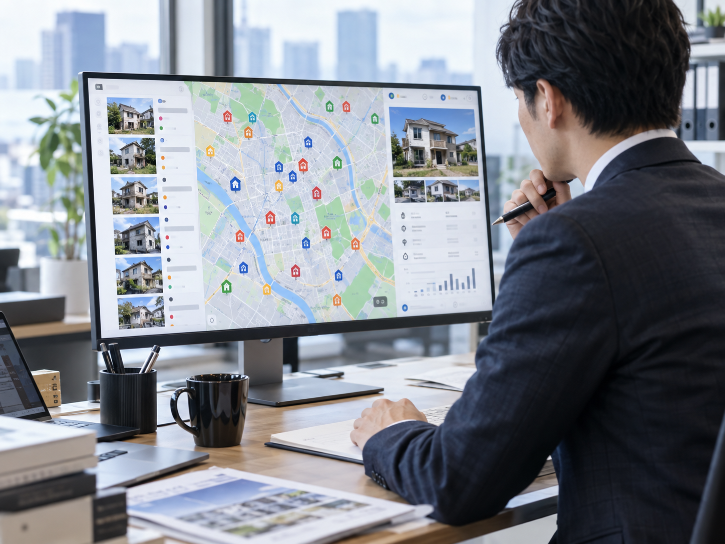 空き家の仕入れ候補について営業チームで検討するイメージ