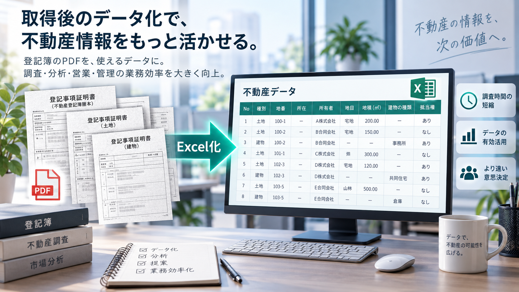 登記簿の大量取得とデータ化の使い分けを検討するイメージ
