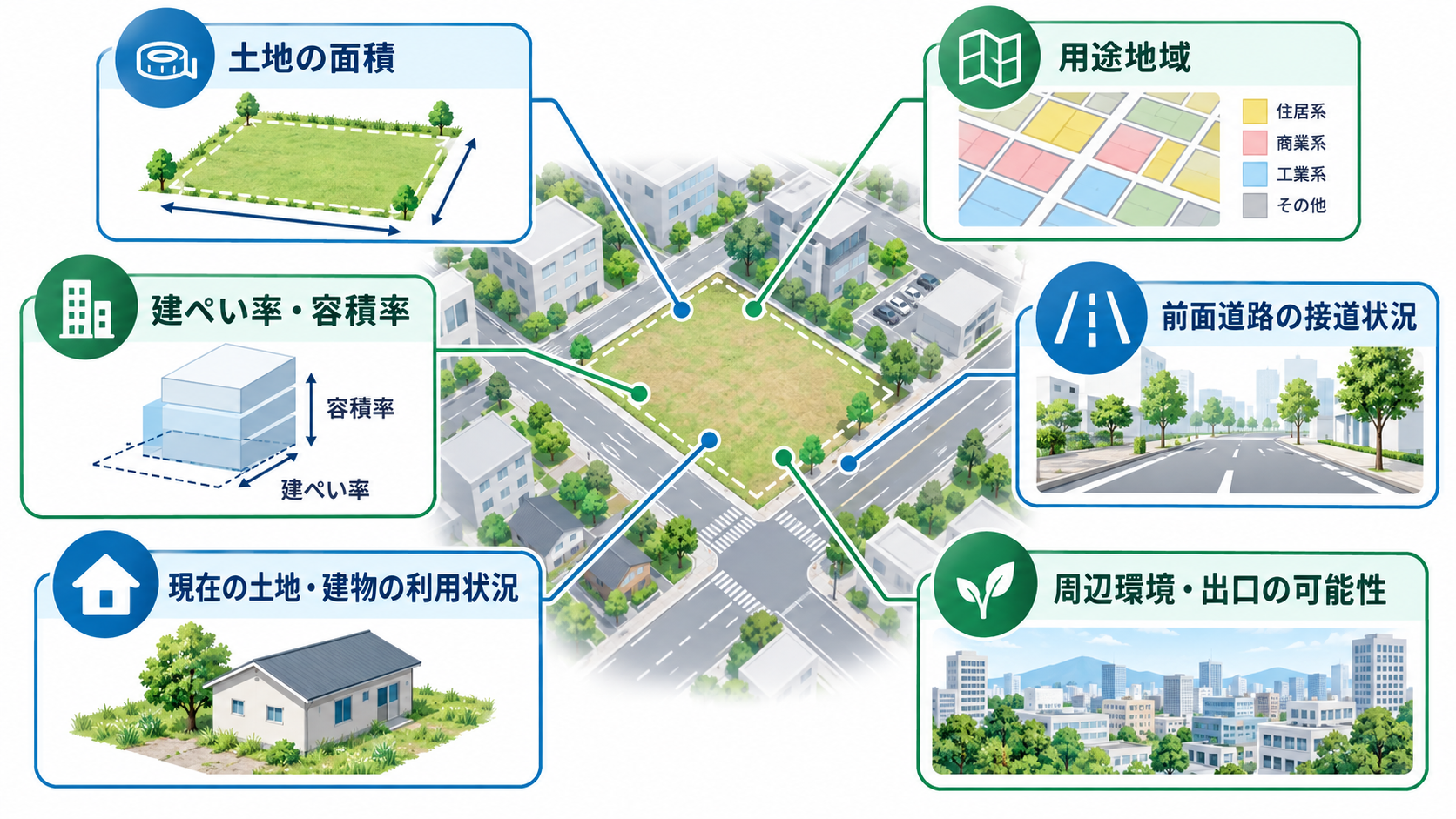 用地仕入れ候補を土地面積・用途地域・建ぺい率・容積率・接道・現況などで確認するイメージ