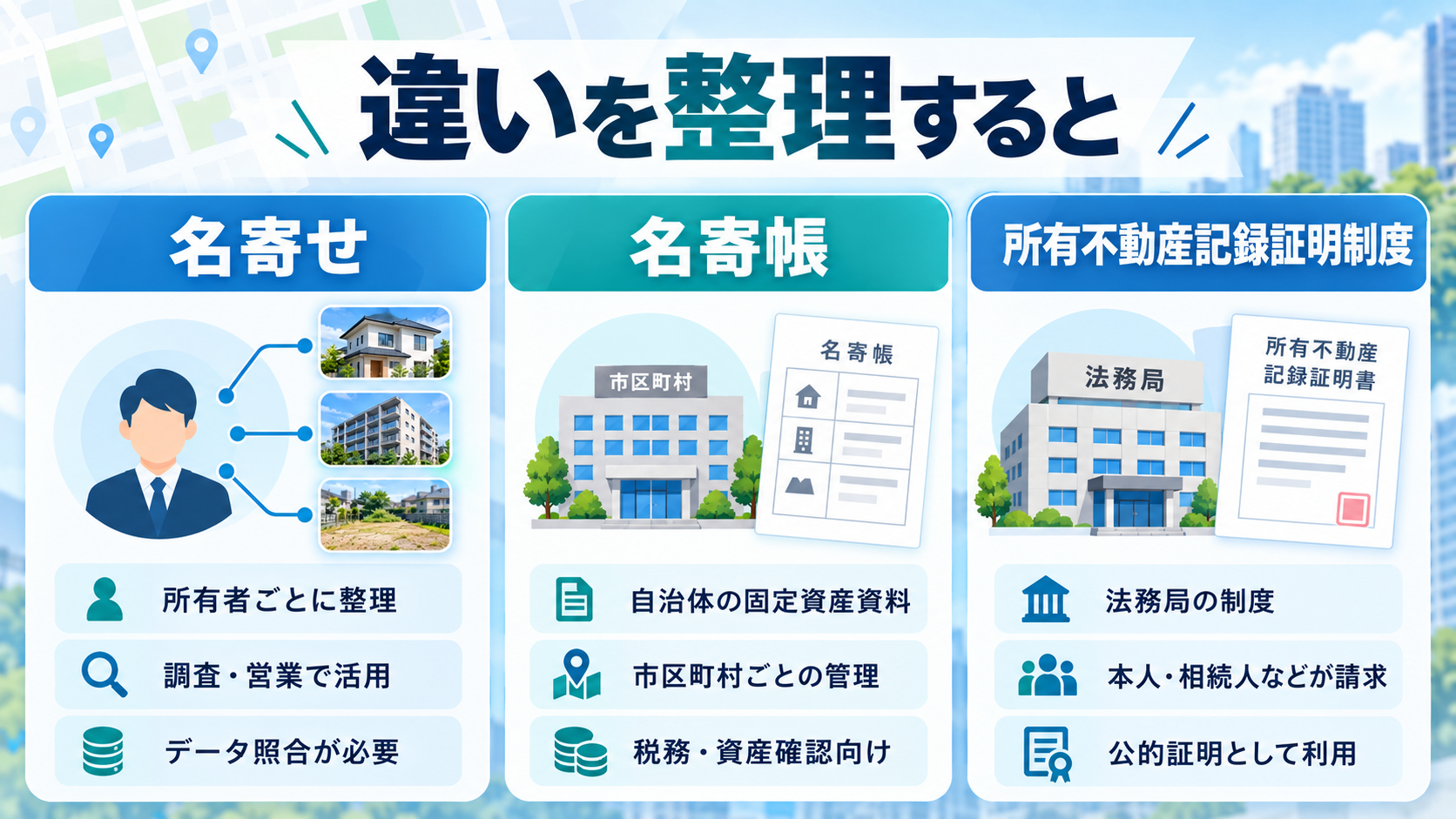 名寄せの基本手順。物件を特定し、登記情報を取得し、所有者情報を照合して、同一性を検証したうえで整理・更新する5ステップ