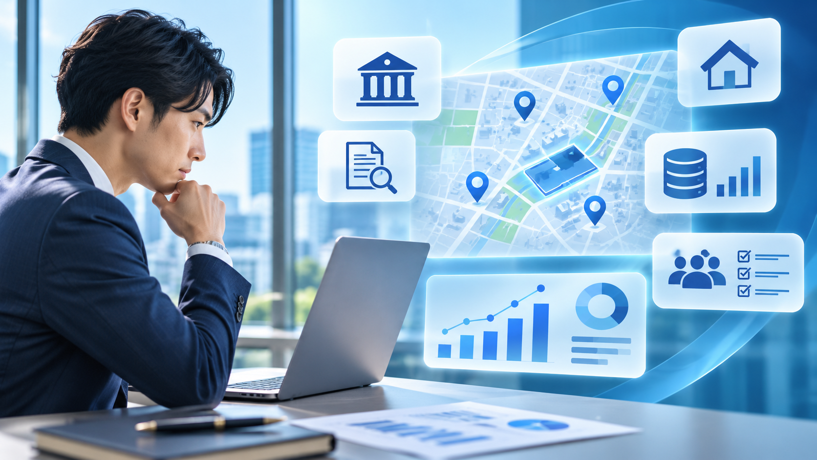 地図を起点に登記・物件データ・分析結果を確認する金融機関向け業務のイメージ