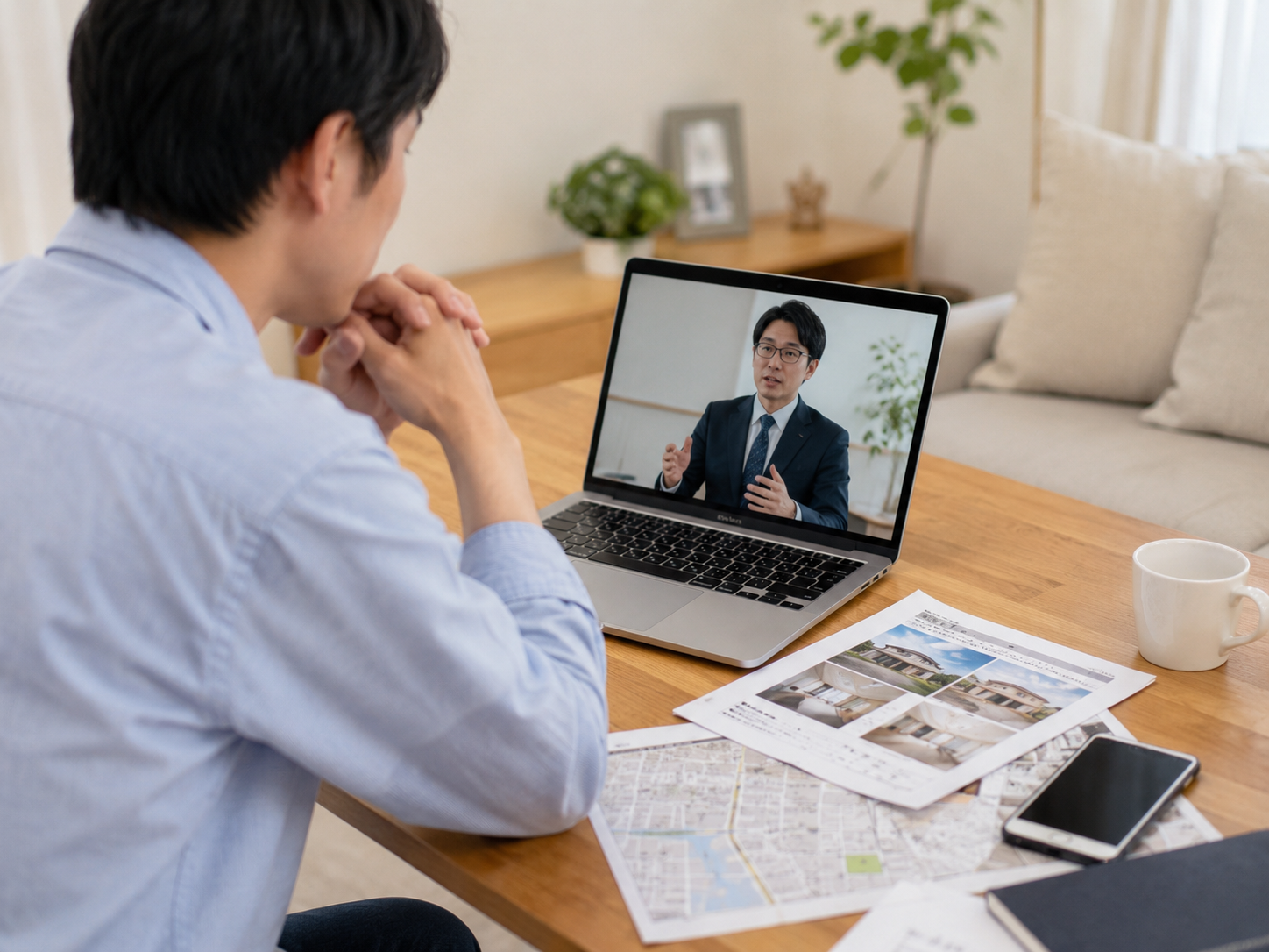 遠方に住む相続人が地図や写真を見ながら不動産について相談するイメージ