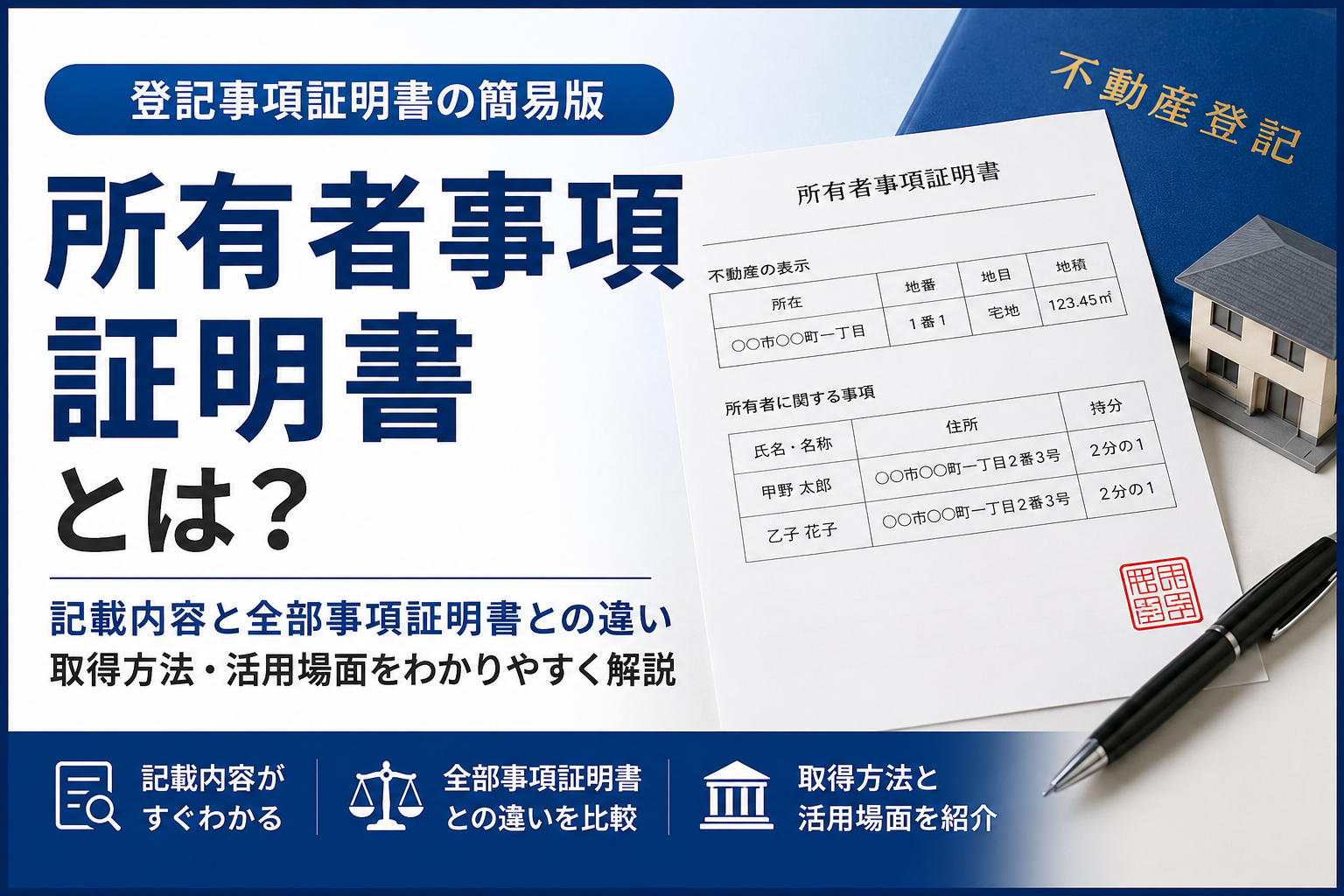 所有者事項証明書と不動産登記書類のイメージ