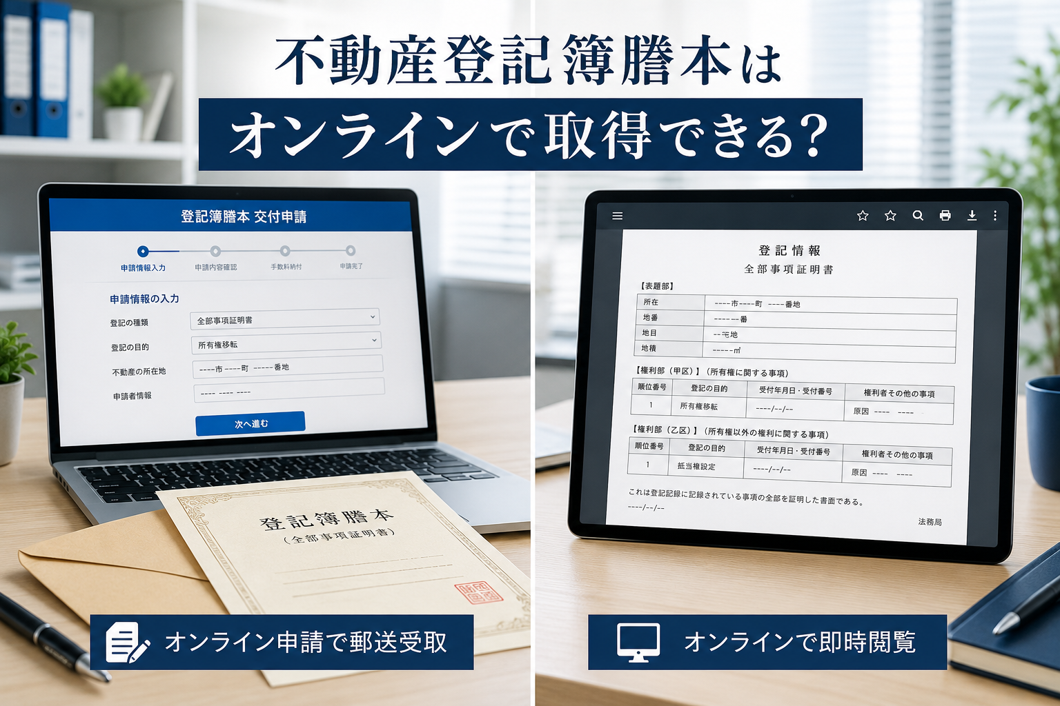登記簿謄本のオンライン請求とPDF閲覧の違いを比較するイメージ