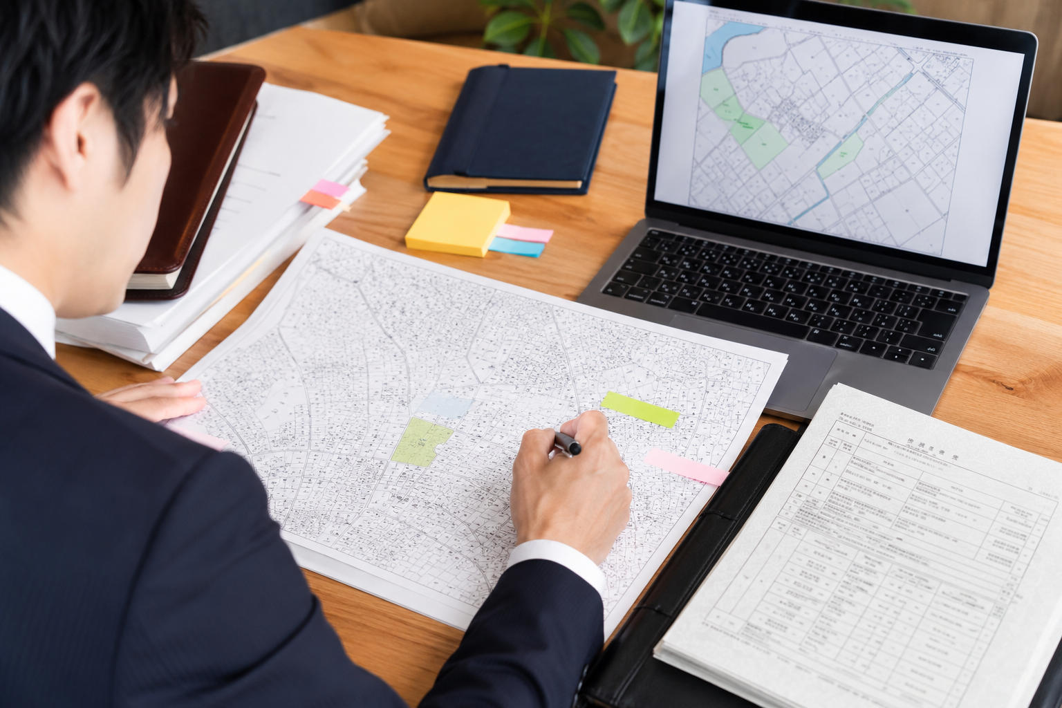 地図と登記情報から地主営業の候補地を探すイメージ