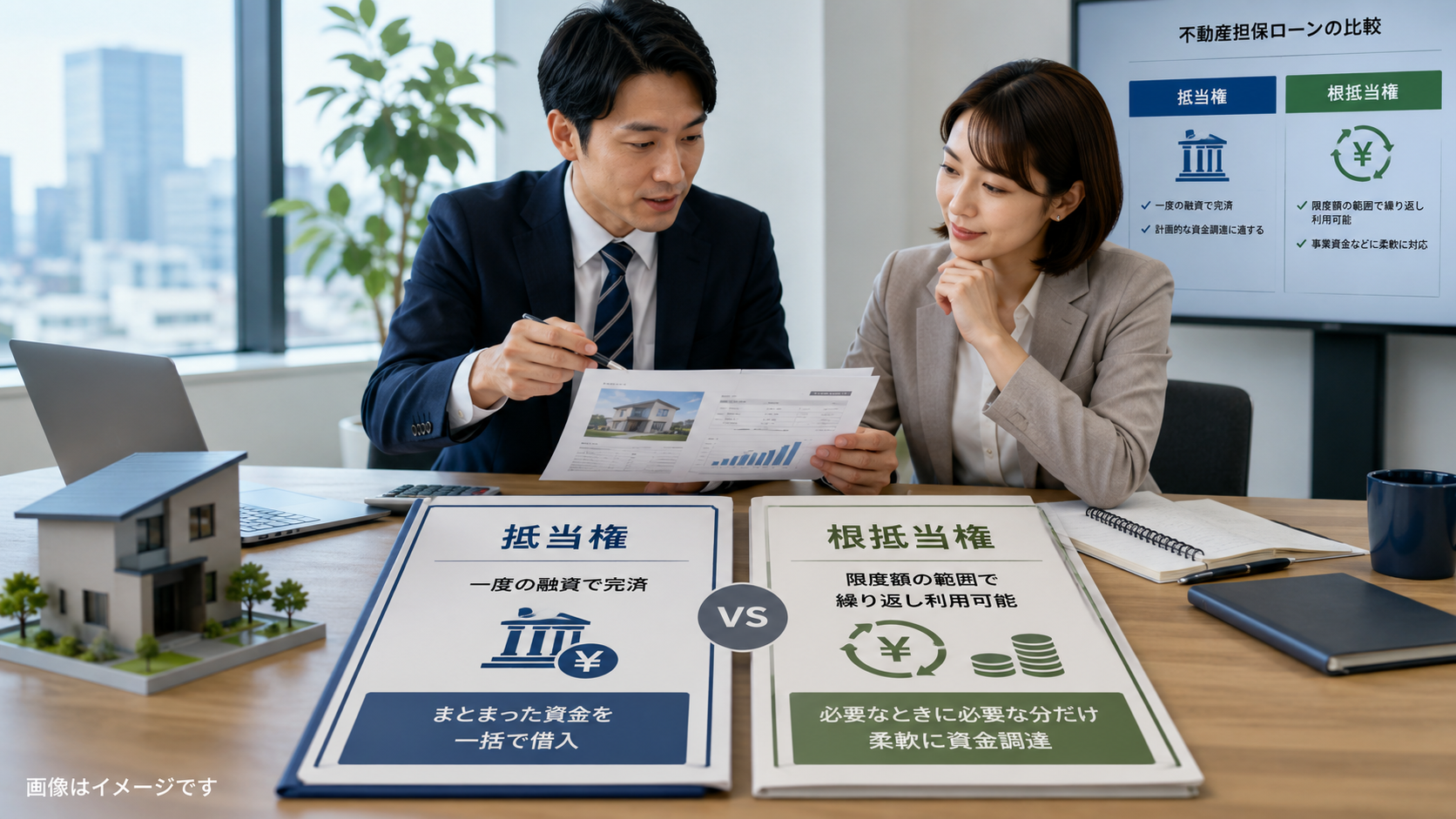 抵当権と根抵当権の違いを登記情報と融資資料から比較するイメージ