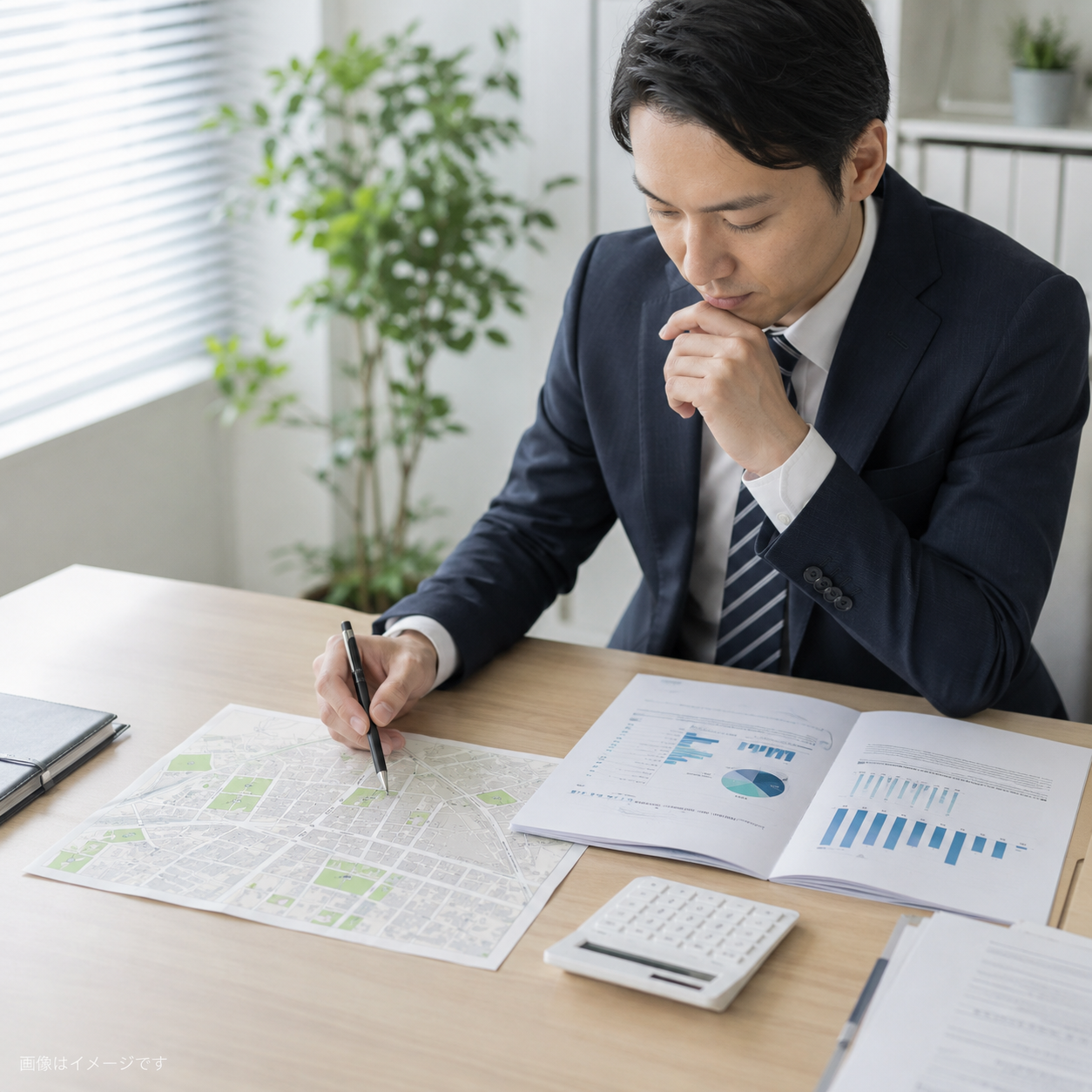 路線価図と土地資料を確認しながら土地評価を行うイメージ