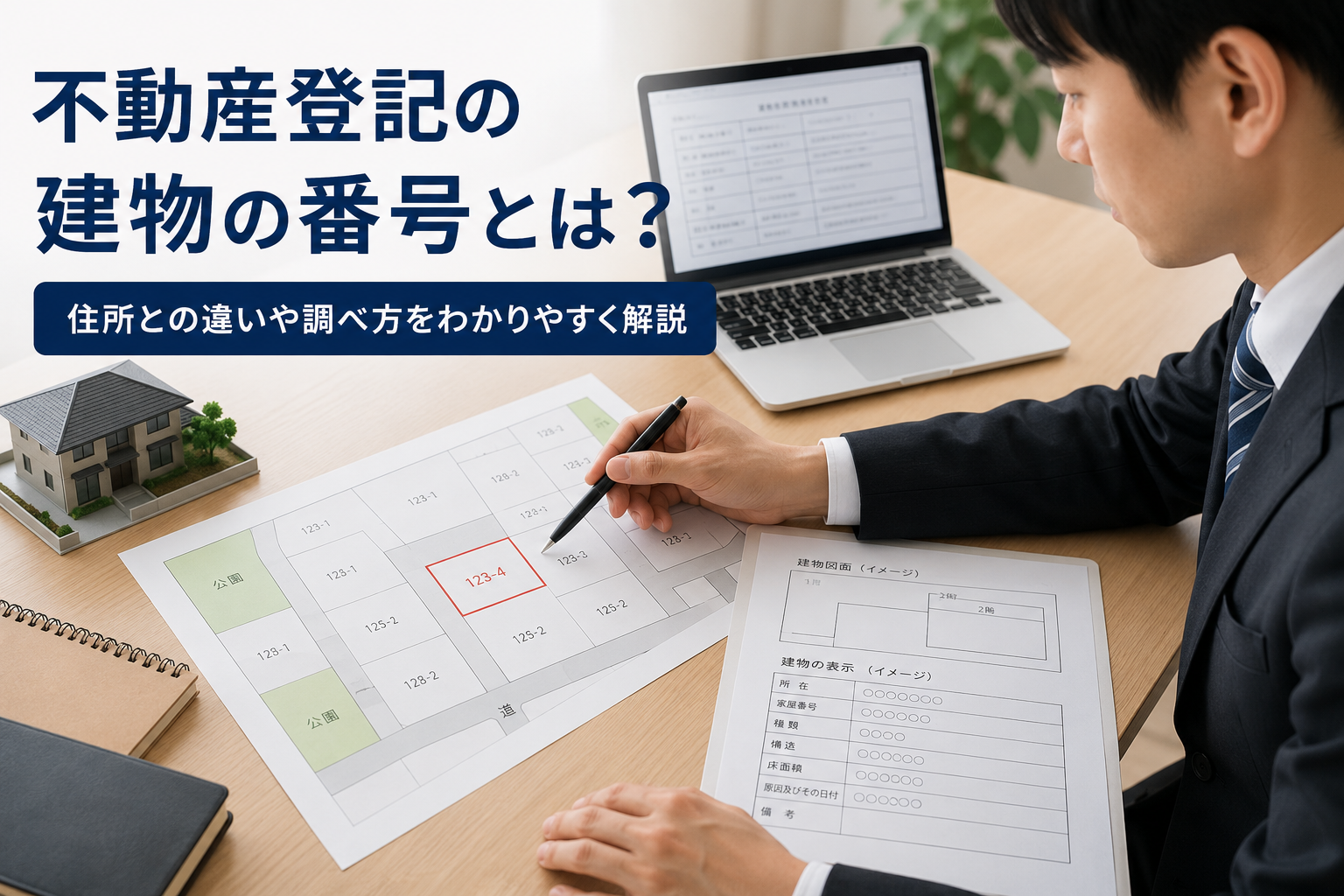 住宅地図と建物資料から家屋番号を確認するイメージ