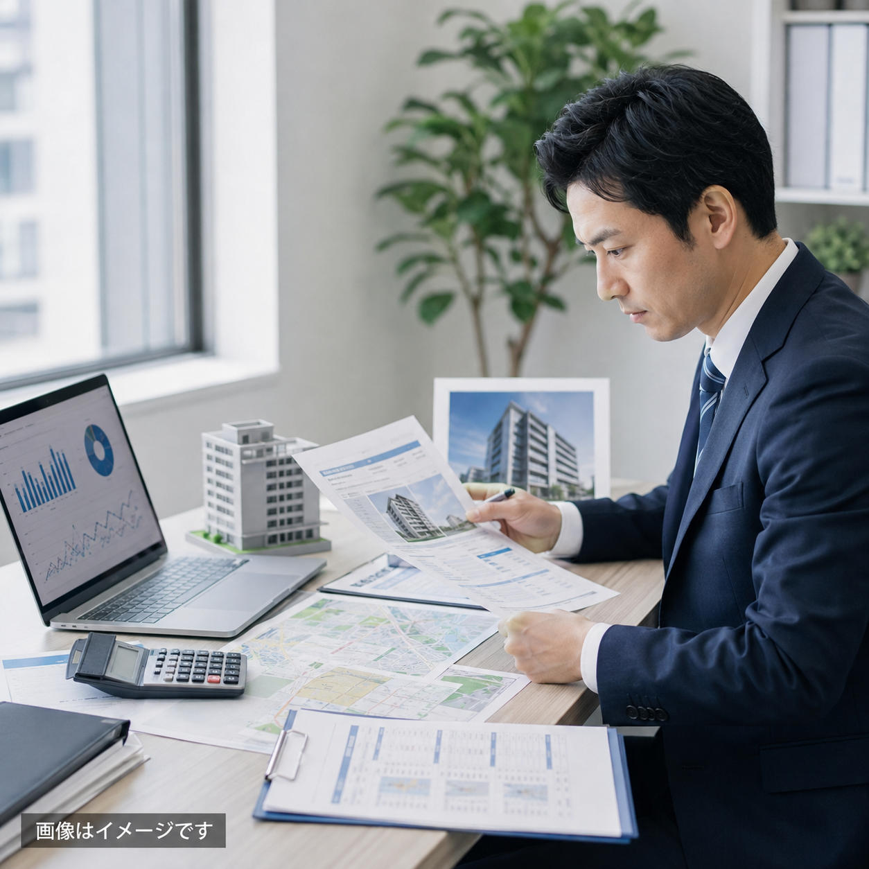 不動産担保評価の資料と地図を確認し査定精度を検証するイメージ