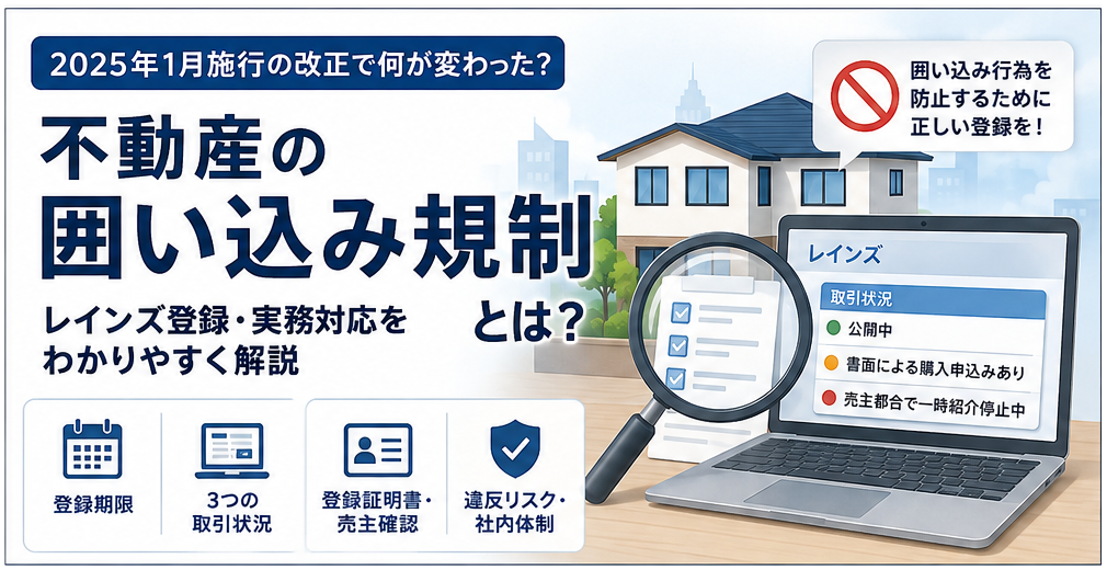 売主・不動産会社・買主側不動産会社・レインズの関係から囲い込み規制を解説するイメージ