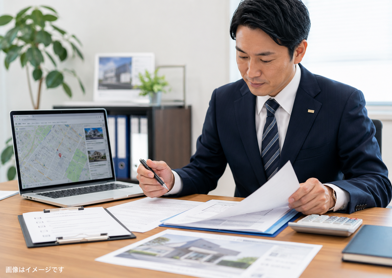 重要事項説明書と不動産調査資料を確認する宅地建物取引士のイメージ