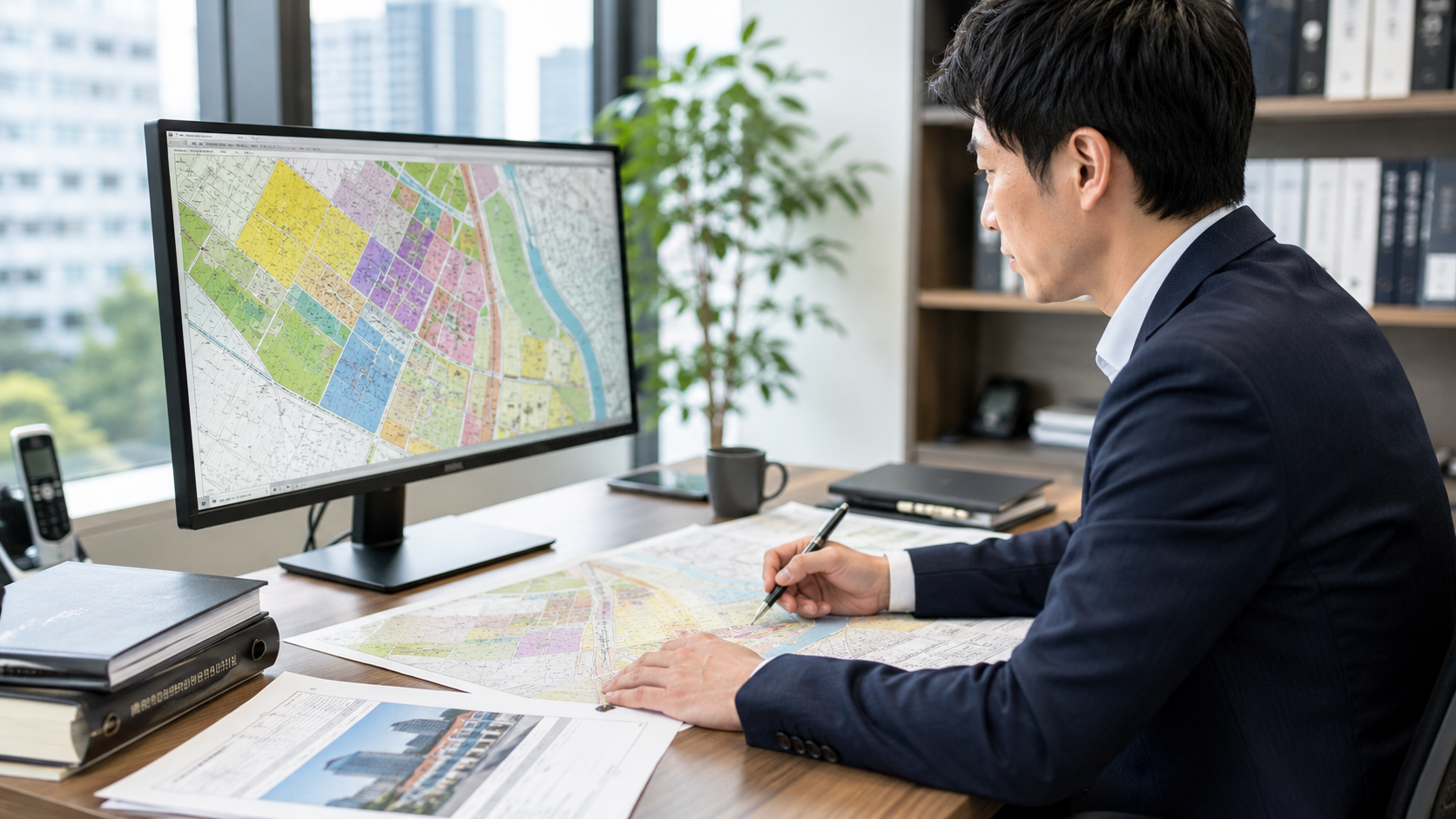 都市計画図と用途地域図を確認しながら土地の建築制限を調査するイメージ