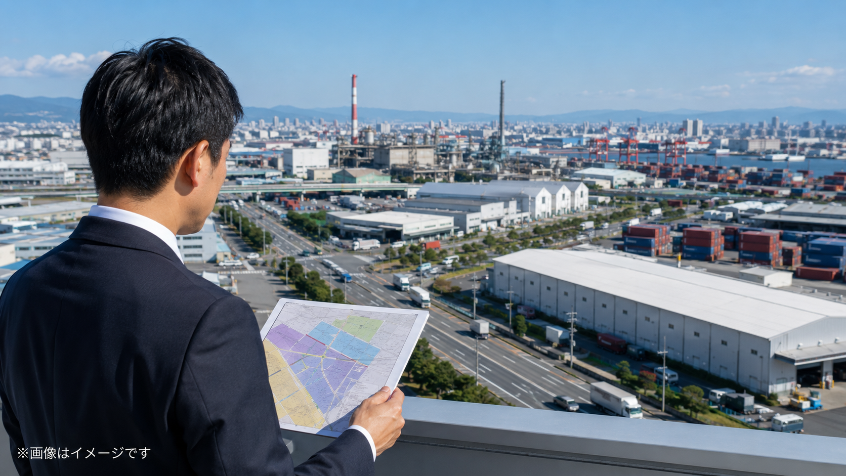 工業系用途地域の工場・倉庫・住宅の違いを都市計画図と街並みから確認するイメージ
