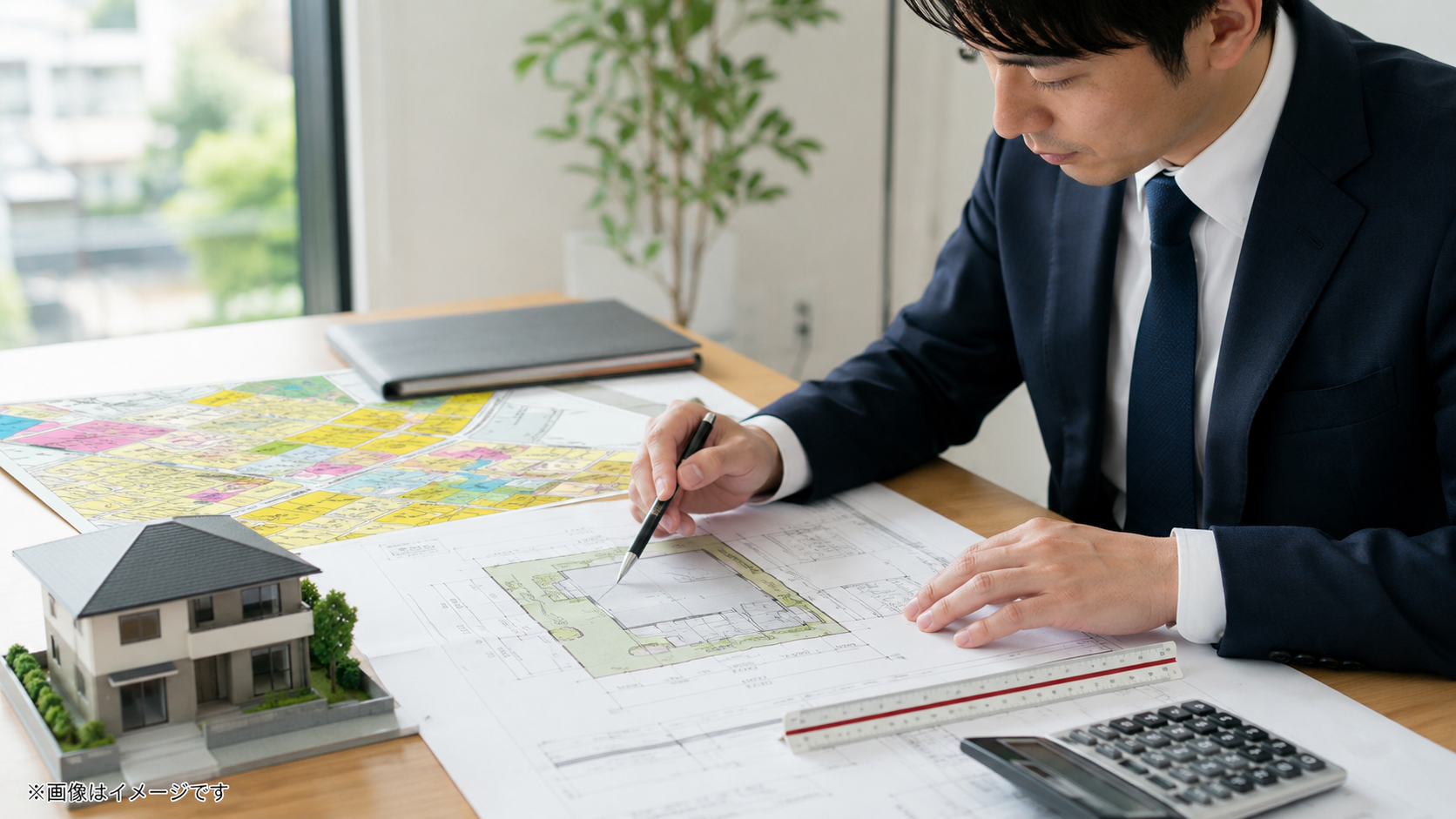 敷地図と建物模型を使って建ぺい率と建築可能面積を確認するイメージ