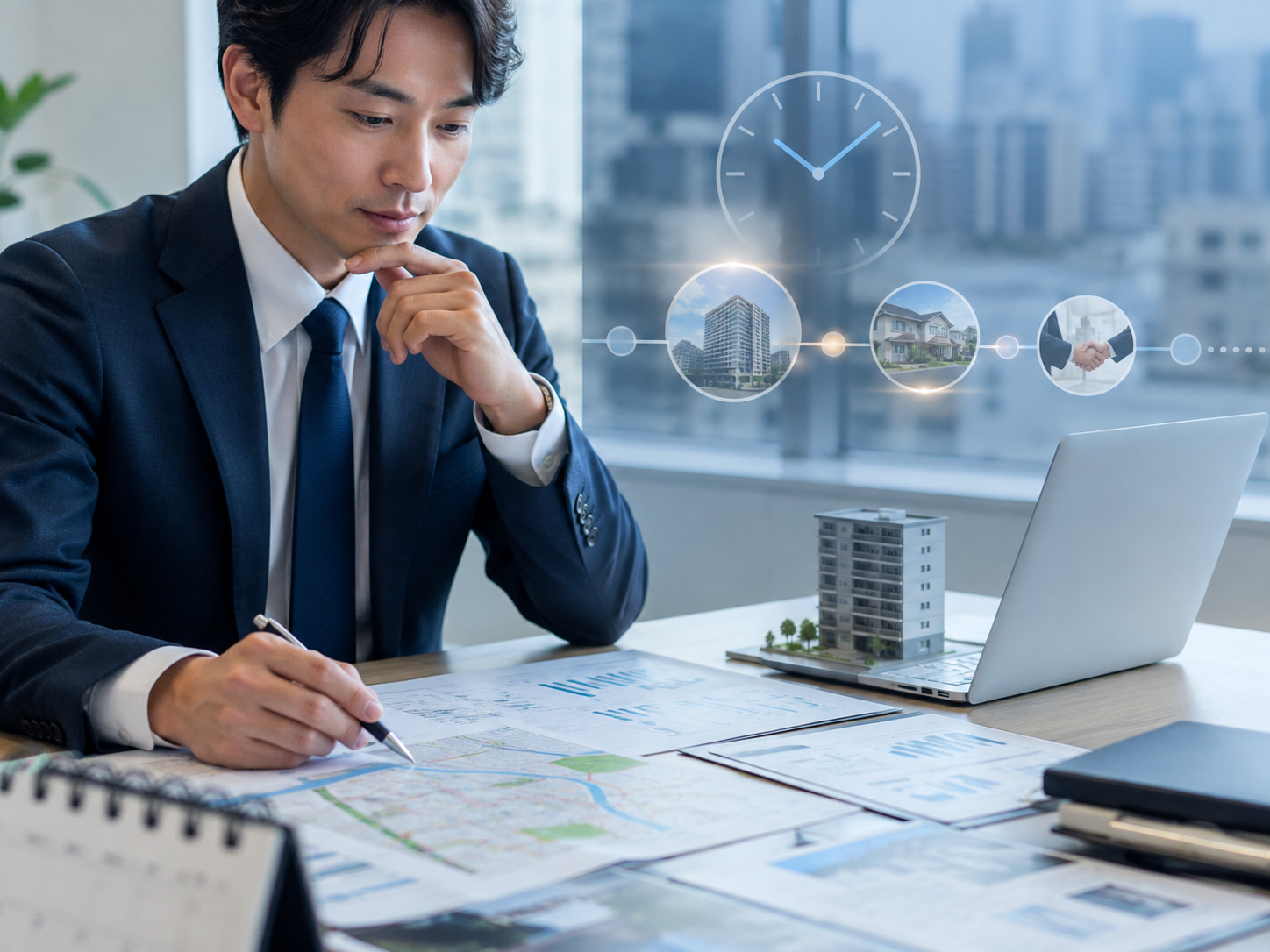 不動産営業で複数の候補を継続管理し最適な営業タイミングを探す抽象イメージ