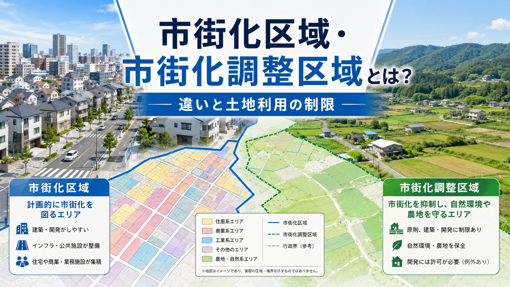 市街化区域と市街化調整区域を都市部と農地・緑地の境界で比較するイメージ