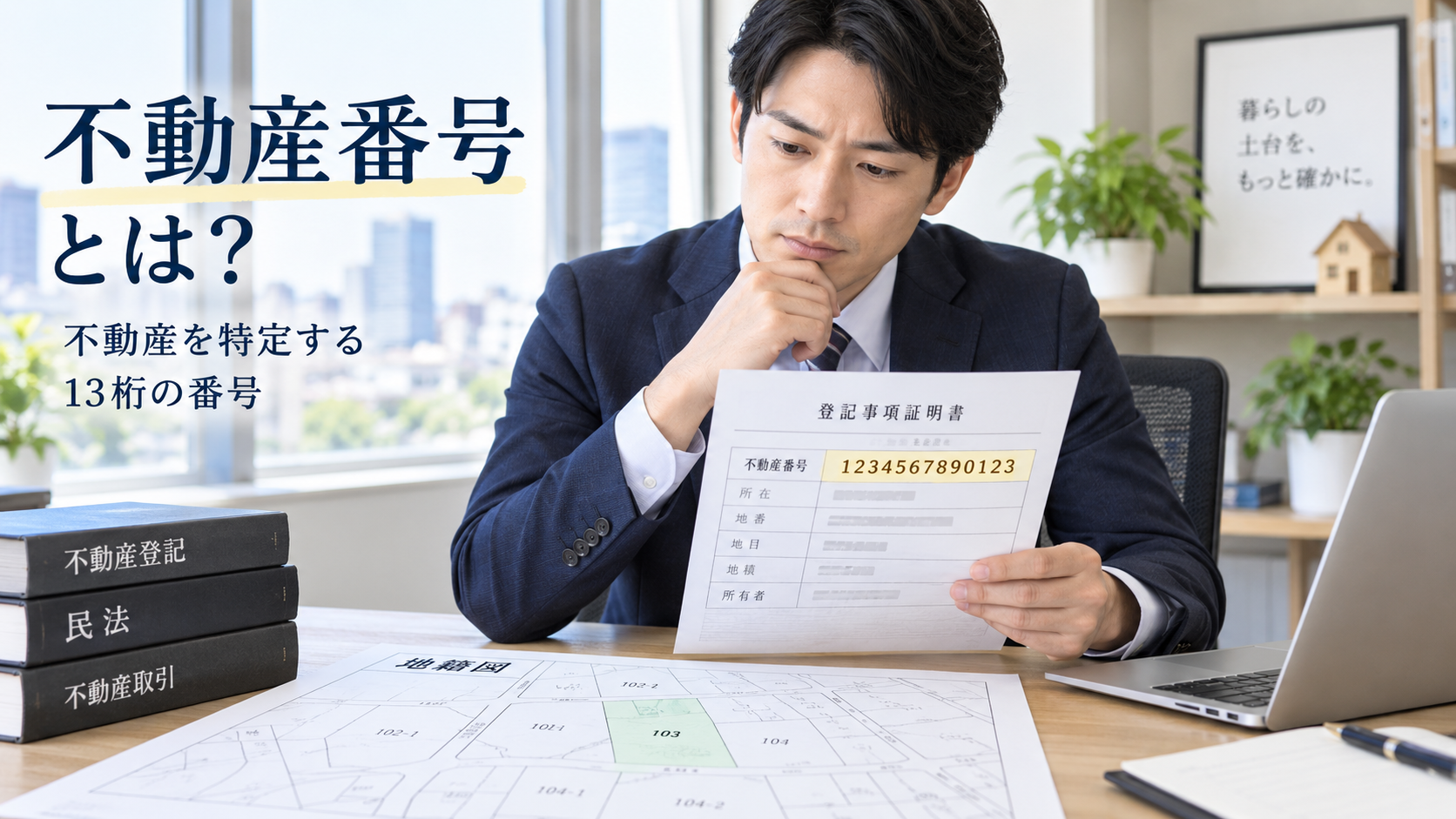 登記事項証明書と地図から不動産番号・地番・家屋番号の違いを確認するイメージ