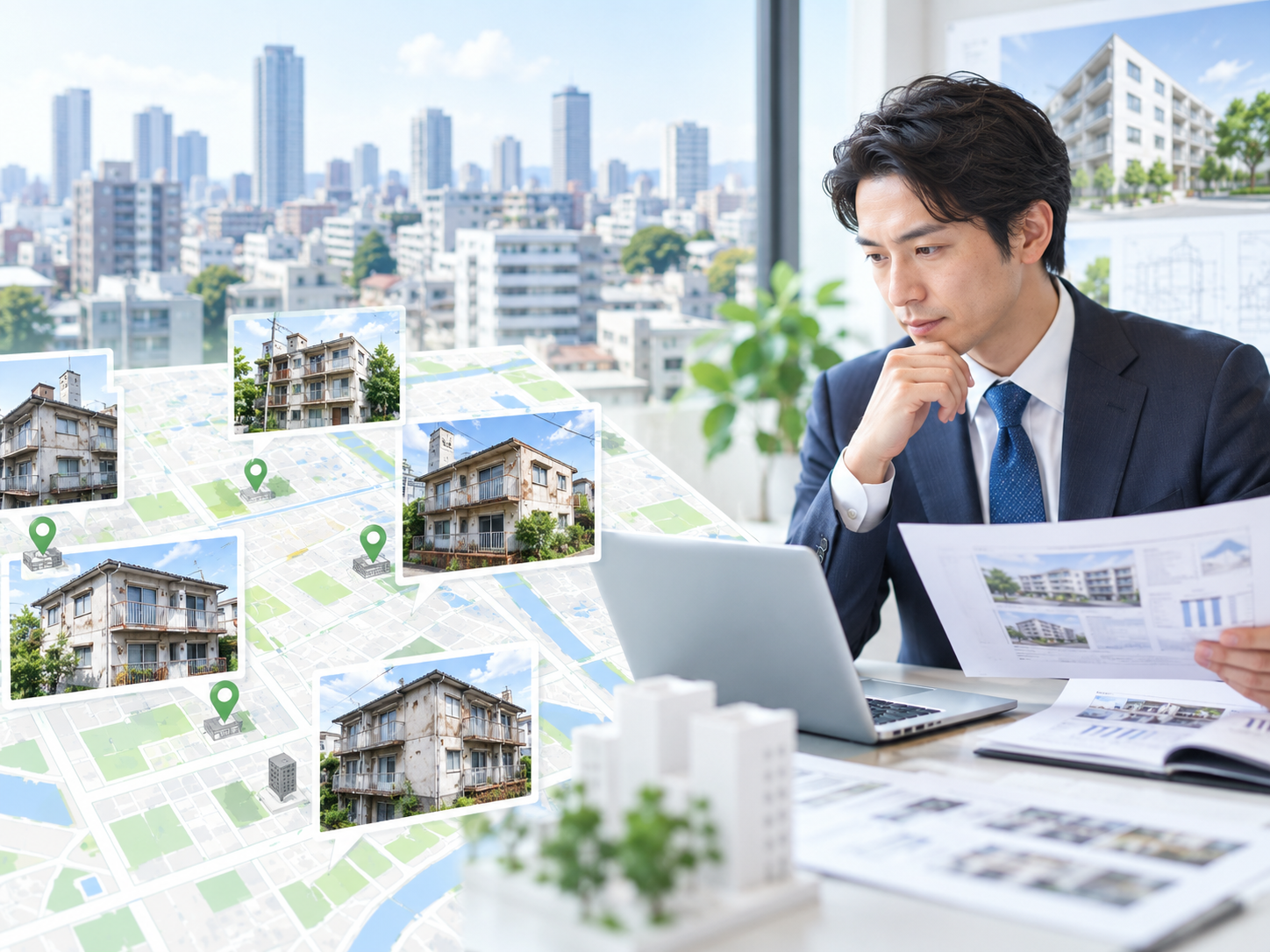 築古アパートを地図と物件情報から探し所有者調査を行う不動産営業のイメージ