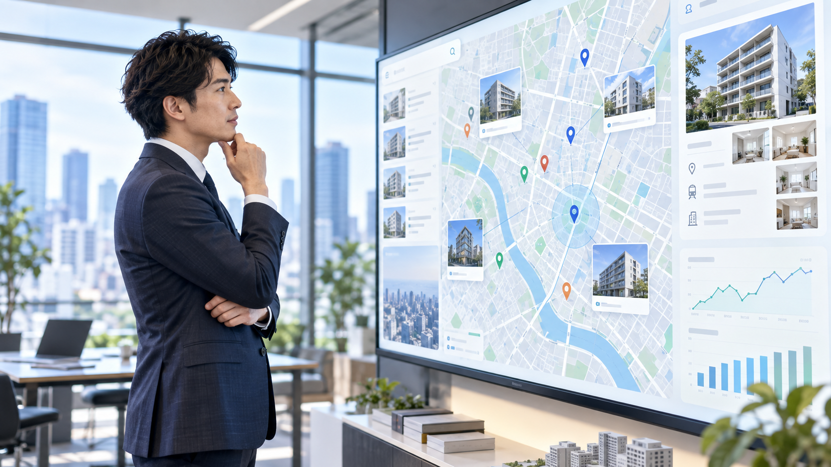 地図と不動産データを使って営業候補を探す不動産チェッカーのイメージ