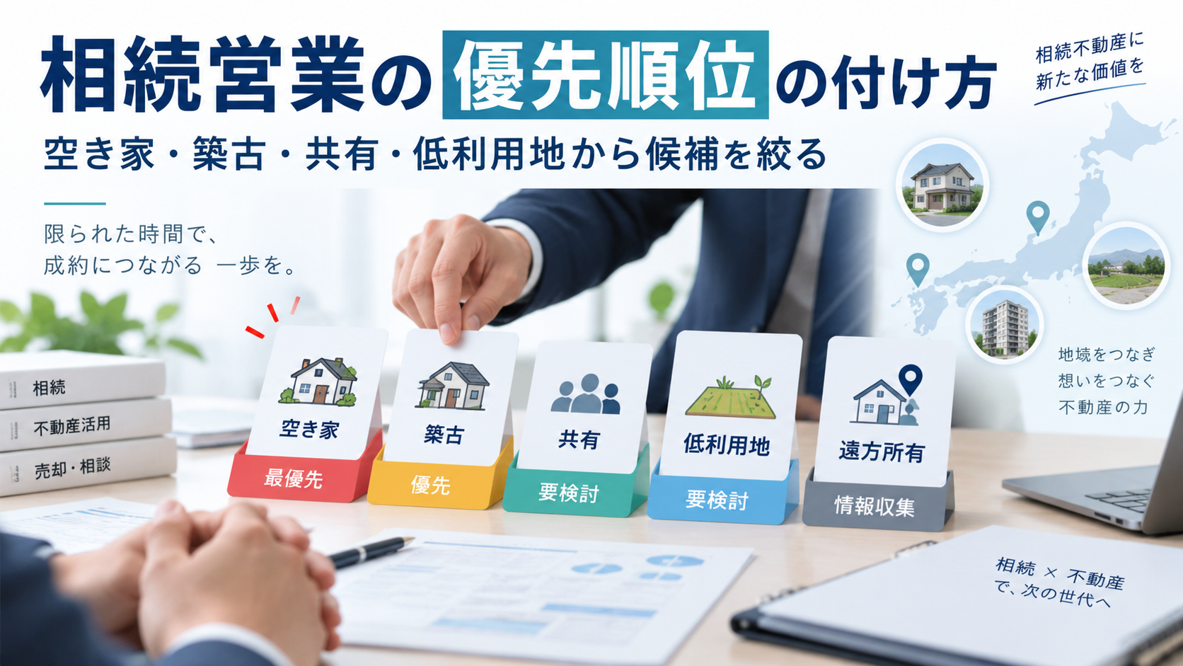 相続営業候補の優先順位を空き家・築古・共有・低利用地などから整理するイメージ