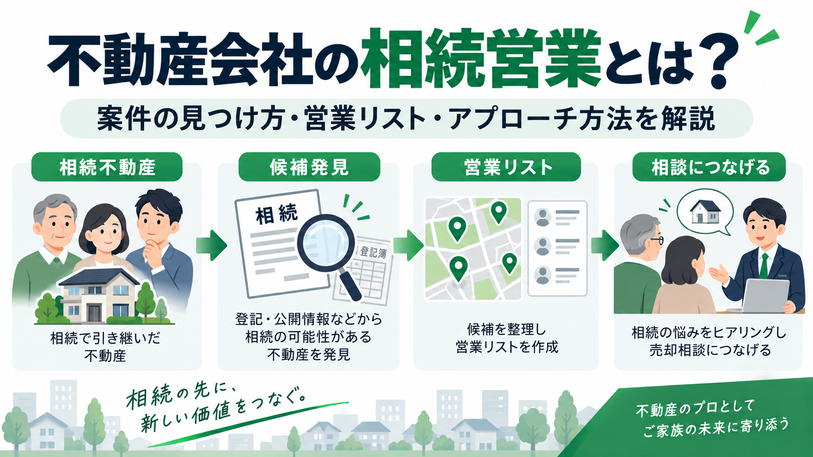 不動産会社の相続営業で候補不動産を見つけ、営業リスト化し、適切なアプローチにつなげる流れ