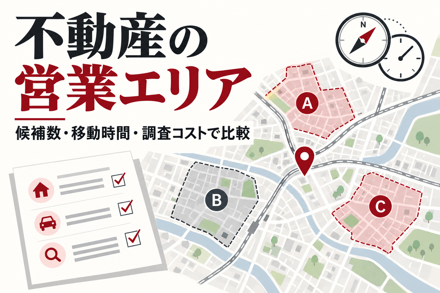 地図上のA・B・C地域を、候補数・移動時間・調査コストで比較する営業エリア選定のイメージ