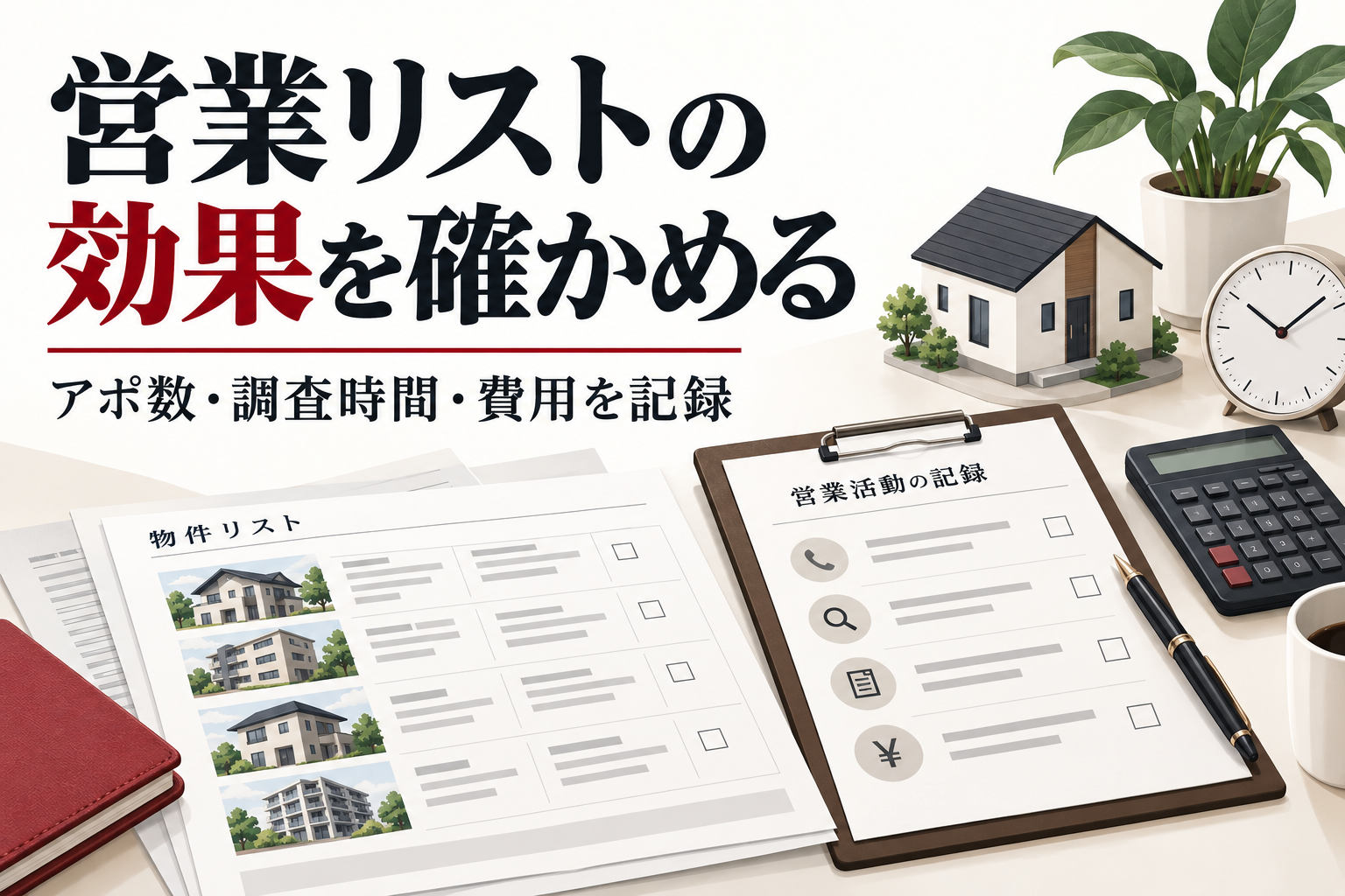 物件リスト、時計、電卓、営業記録のシートを並べ、アポ数・調査時間・費用で営業リストの効果を確かめるイメージ