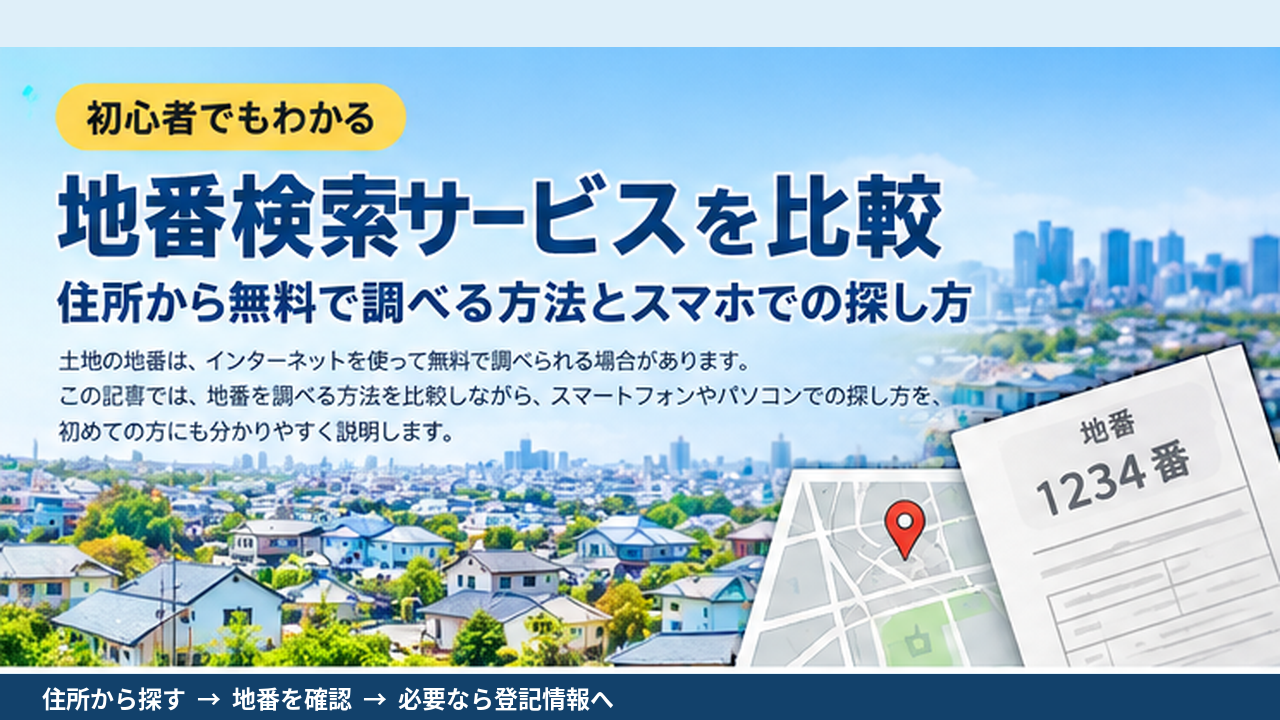 地番検索サービス比較の記事サムネイル。住宅街のイメージと地図、地番の記載された書類を配置