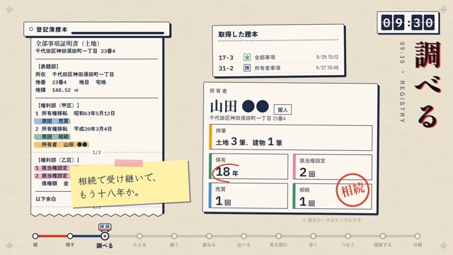 紹介動画の場面。取得した謄本や所有者情報を見ながら調査しているイメージ