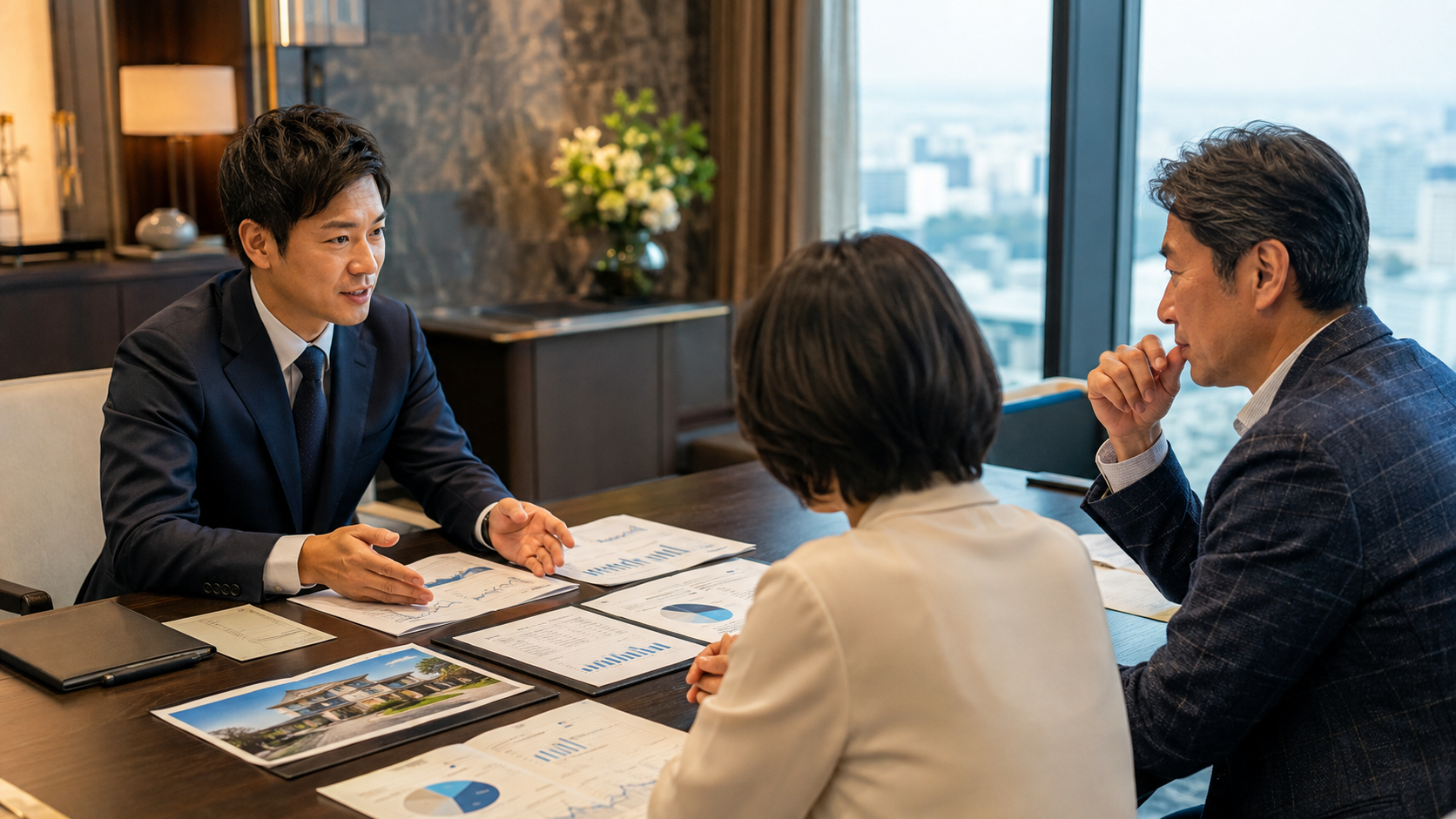 証券会社の担当者が資産運用と不動産保有を踏まえて顧客提案するイメージ